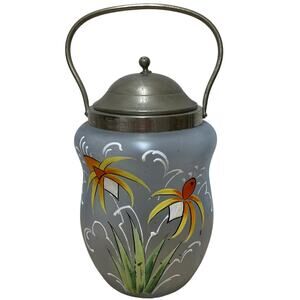 Vintage Grey Frosted Biscuit Jar Silver Plated Lid Hand Painted Good Condition